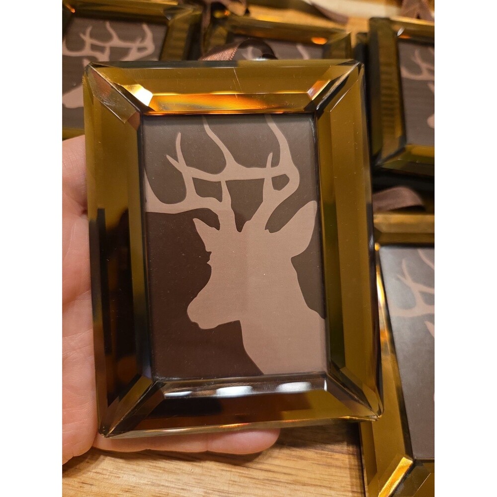 Vintage Set of 12 Amber Beveled Glass Photo Frame Christmas Ornaments 2x3 Deer